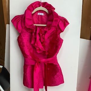 Vintage Calvin Klein Hot 💕 Pink Ruched Silk Ruffle Top Tie Belt Barbie Chic💕